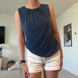 Sleeveless Blue Pleated Neck Women's Top.
